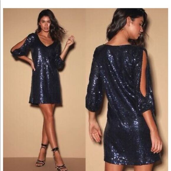 NWT Lulus blue sequin long sleeve cut out arm detail dress - M - Picture 2 of 10